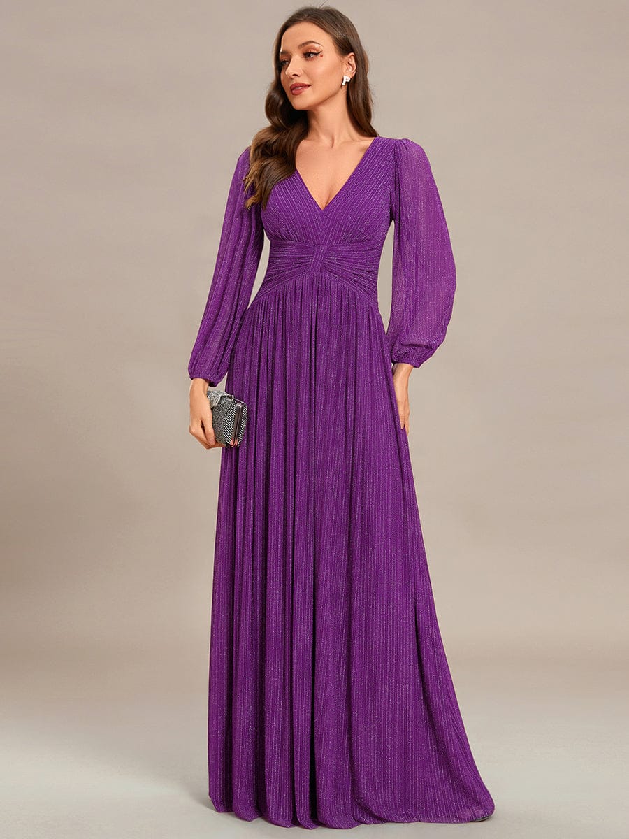 Glittery Empire Waist Long Lantern Sleeves A-Line Evening Dress #color_Sparkling Grape