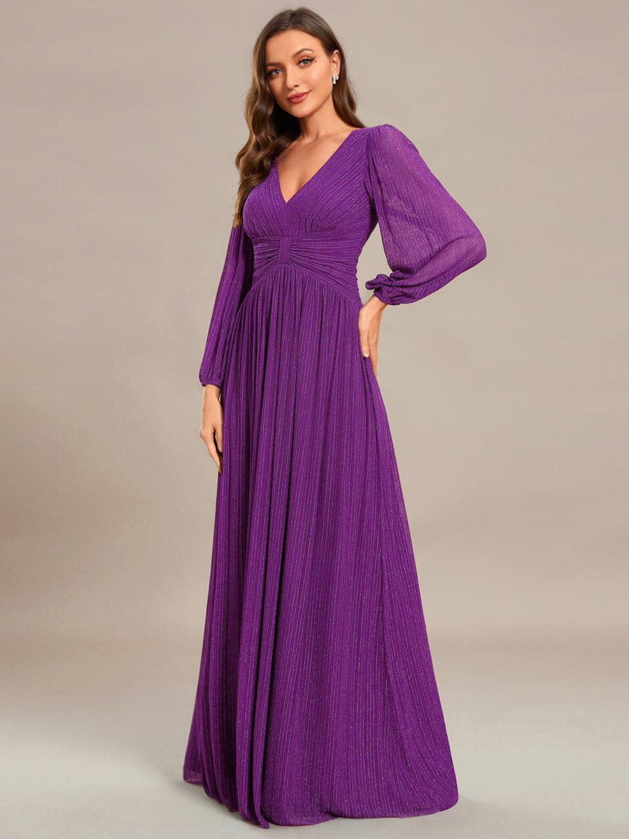 Glittery Empire Waist Long Lantern Sleeves A-Line Evening Dress #color_Sparkling Grape