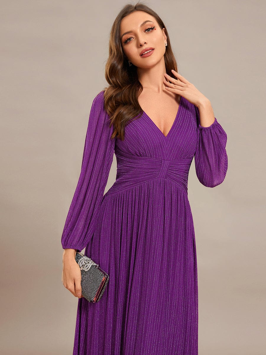 Glittery Empire Waist Long Lantern Sleeves A-Line Evening Dress #color_Sparkling Grape