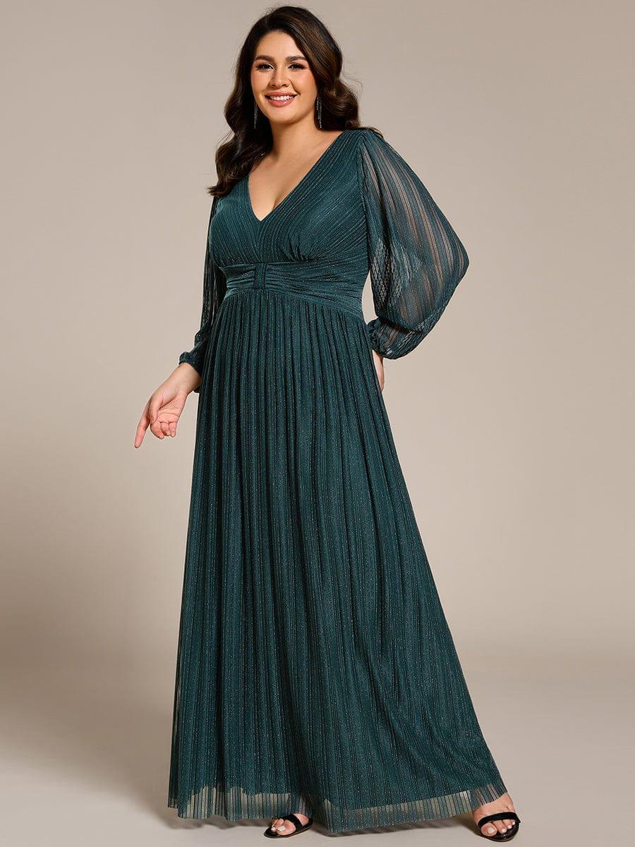 Plus Size Dazzling Empire Waist See-Through Long Sleeves A-Line Evening Dress #color_Teal
