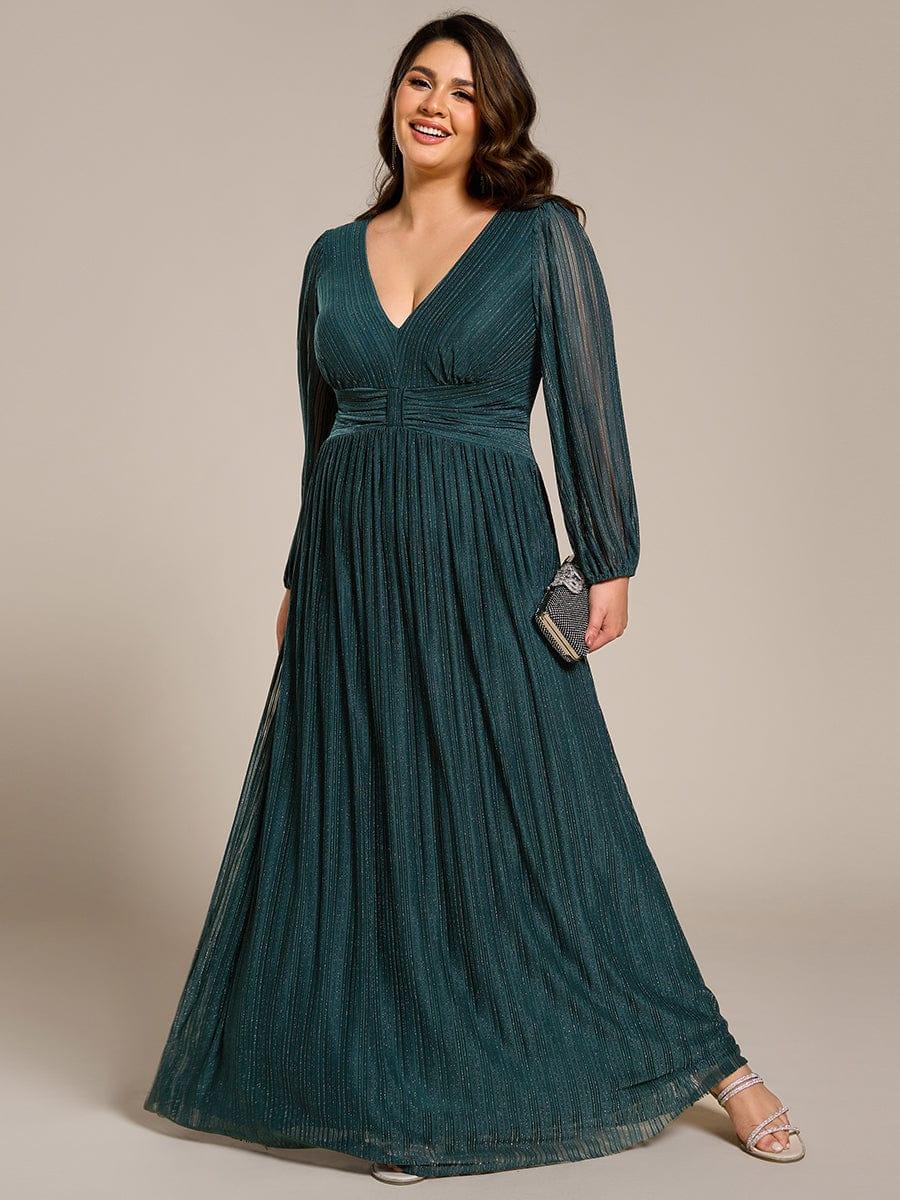 Plus Size Dazzling Empire Waist See-Through Long Sleeves A-Line Evening Dress #color_Teal