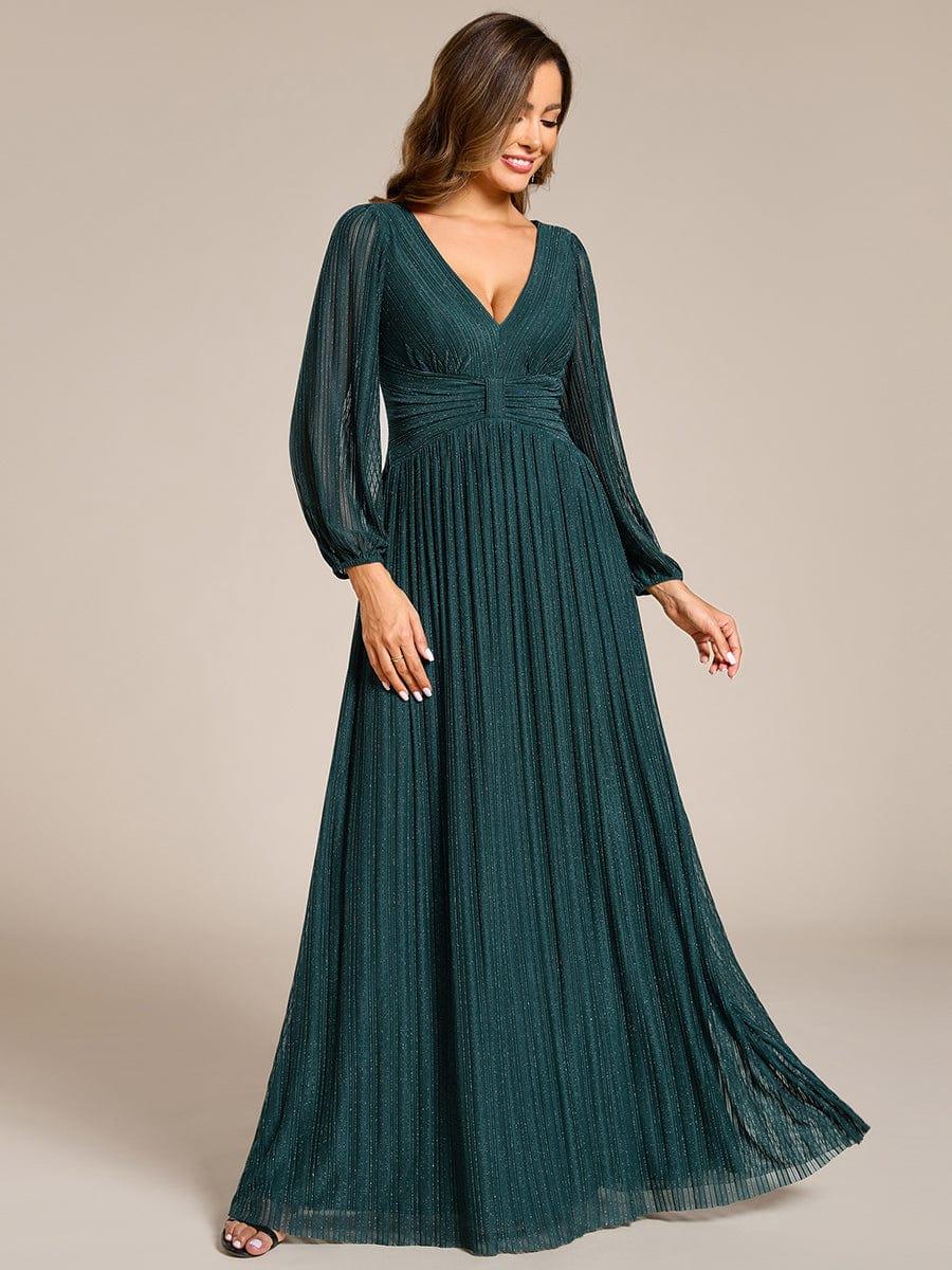 Glittery Empire Waist Long Lantern Sleeves A-Line Evening Dress #color_Teal