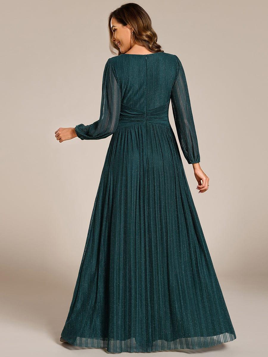 Glittery Empire Waist Long Lantern Sleeves A-Line Evening Dress #color_Teal