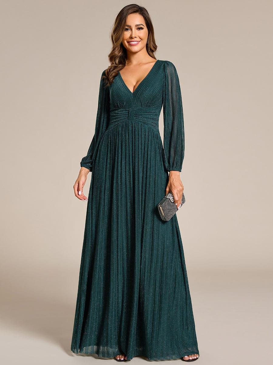 Glittery Empire Waist Long Lantern Sleeves A-Line Evening Dress #color_Teal