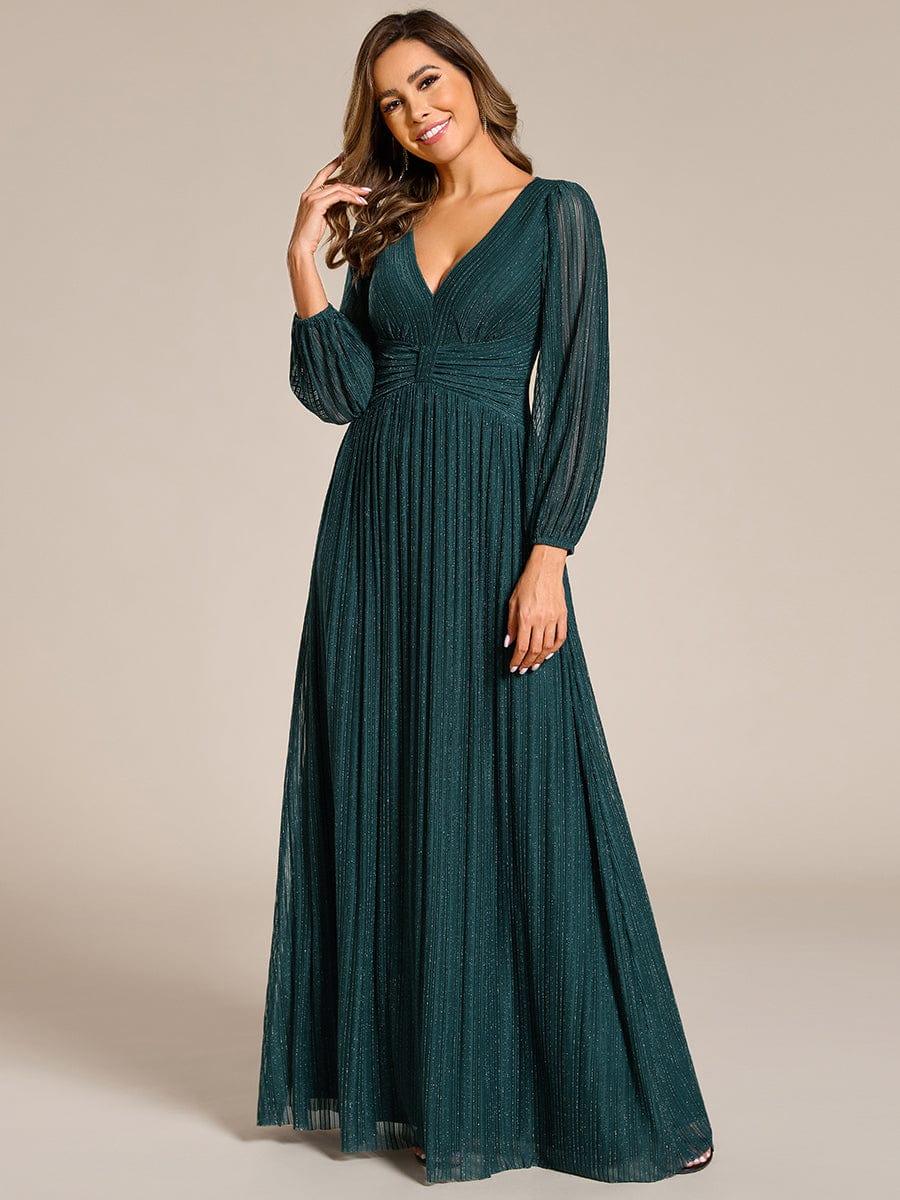 Glittery Empire Waist Long Lantern Sleeves A-Line Evening Dress #color_Teal