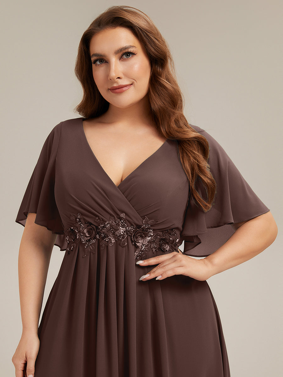 Ruffles Sleeve A-Line Chiffon Waist Applique Maxi Mother of the Bride Dress #color_Chocolate Brown