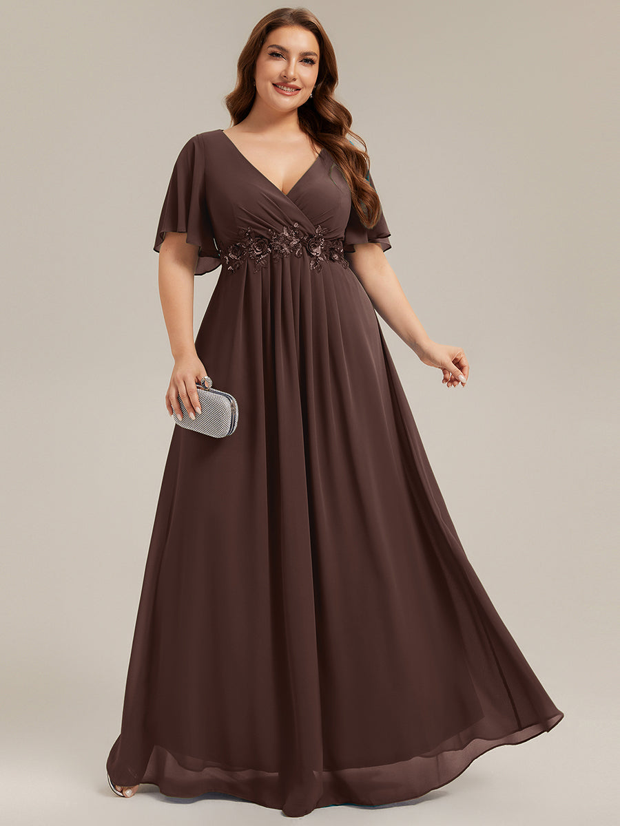 Plus Size Floral Applique Short Sleeve A-Line Chiffon Evening Dress #color_Chocolate Brown