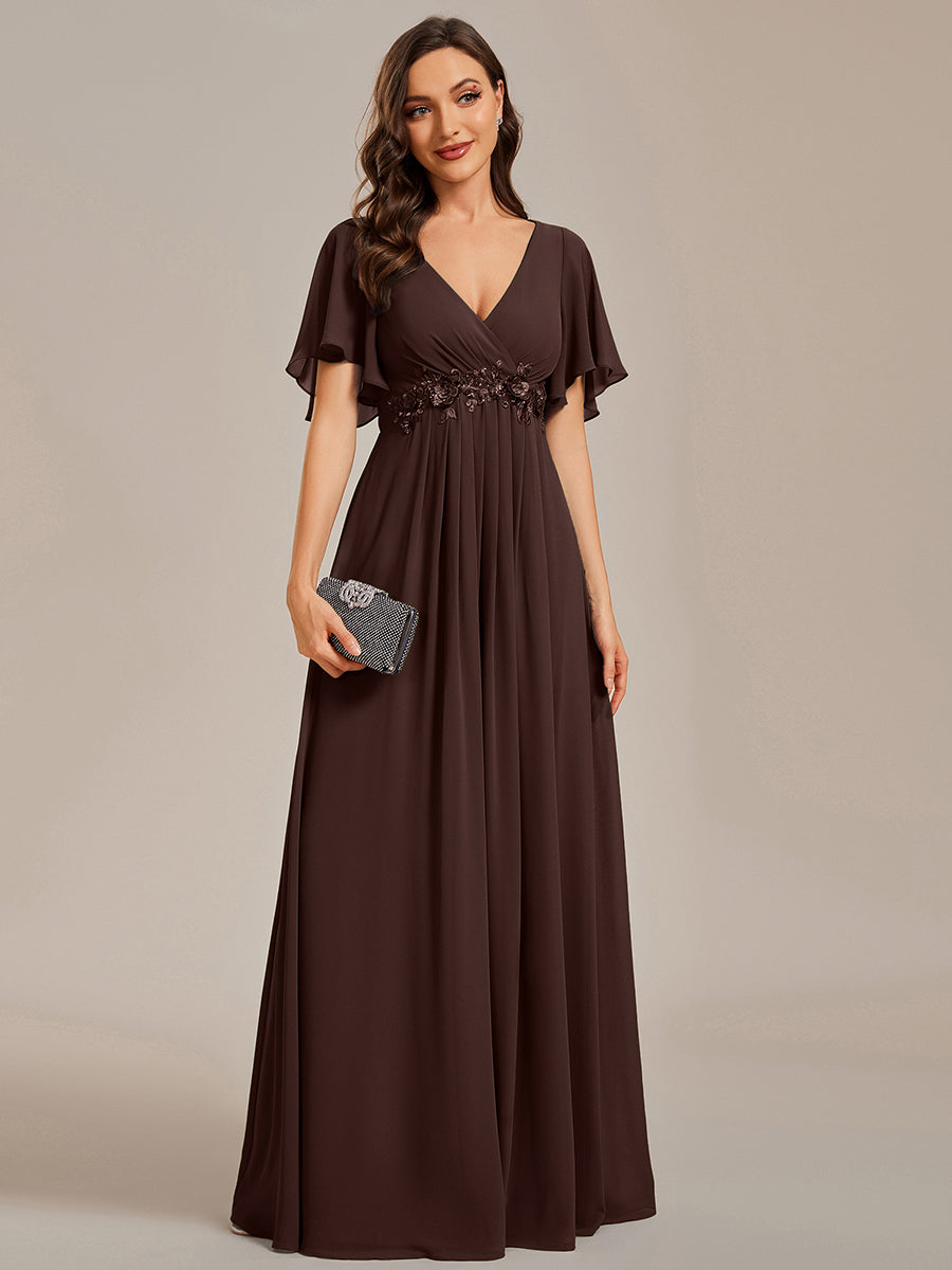 Ruffles Sleeve A-Line Chiffon Waist Applique Maxi Mother of the Bride Dress #color_Chocolate Brown