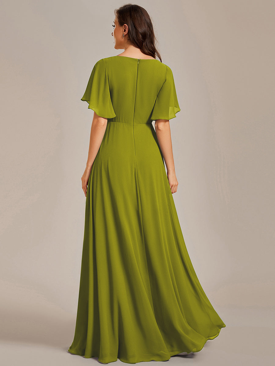 Ruffles Sleeve A-Line Chiffon Waist Applique Maxi Mother of the Bride Dress #color_Citron