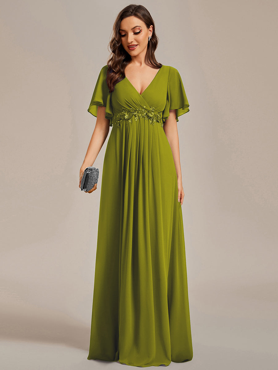 Applique Chiffon Ruffle Sleeve Evening Dress #color_Citron