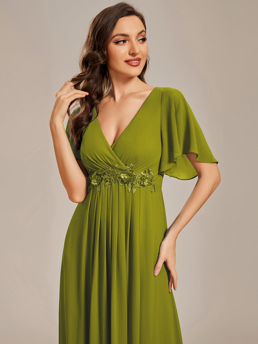 Ruffles Sleeve A-Line Chiffon Waist Applique Maxi Mother of the Bride Dress #color_Citron