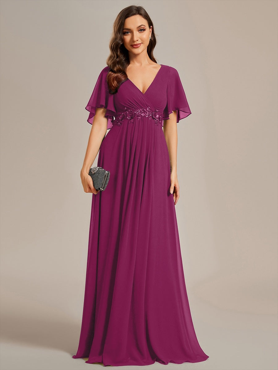 Applique Chiffon Ruffle Sleeve Evening Dress #color_Dusk Rose