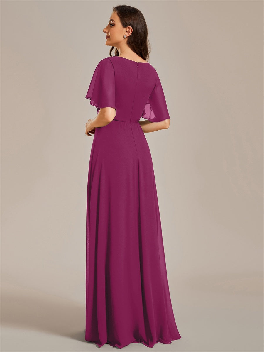 Applique Chiffon Ruffle Sleeve Evening Dress #color_Dusk Rose