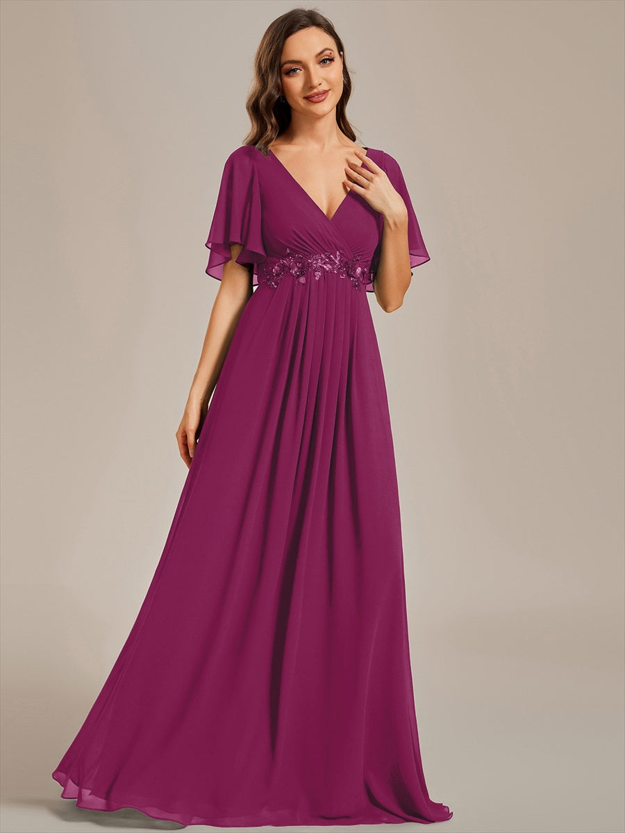 Applique Chiffon Ruffle Sleeve Evening Dress #color_Dusk Rose