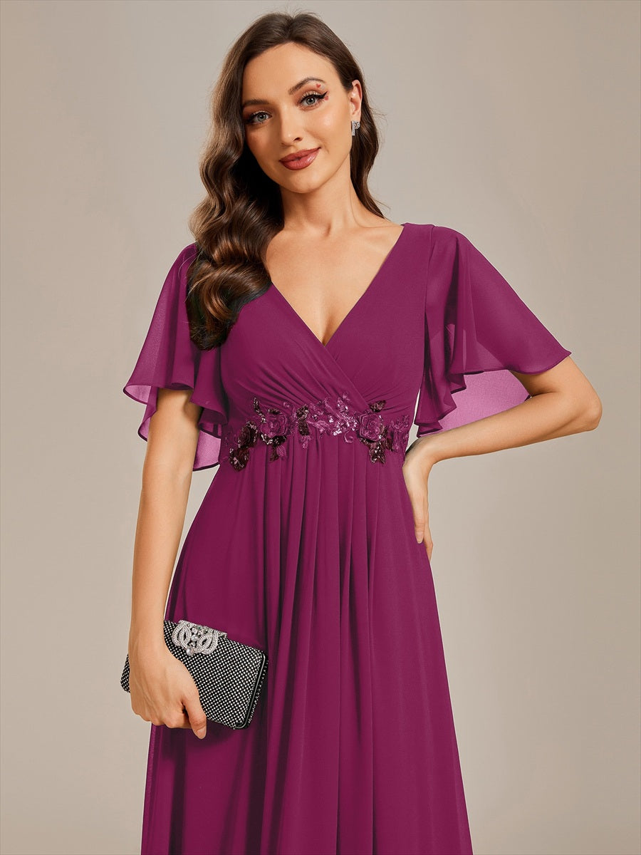 Applique Chiffon Ruffle Sleeve Evening Dress #color_Dusk Rose
