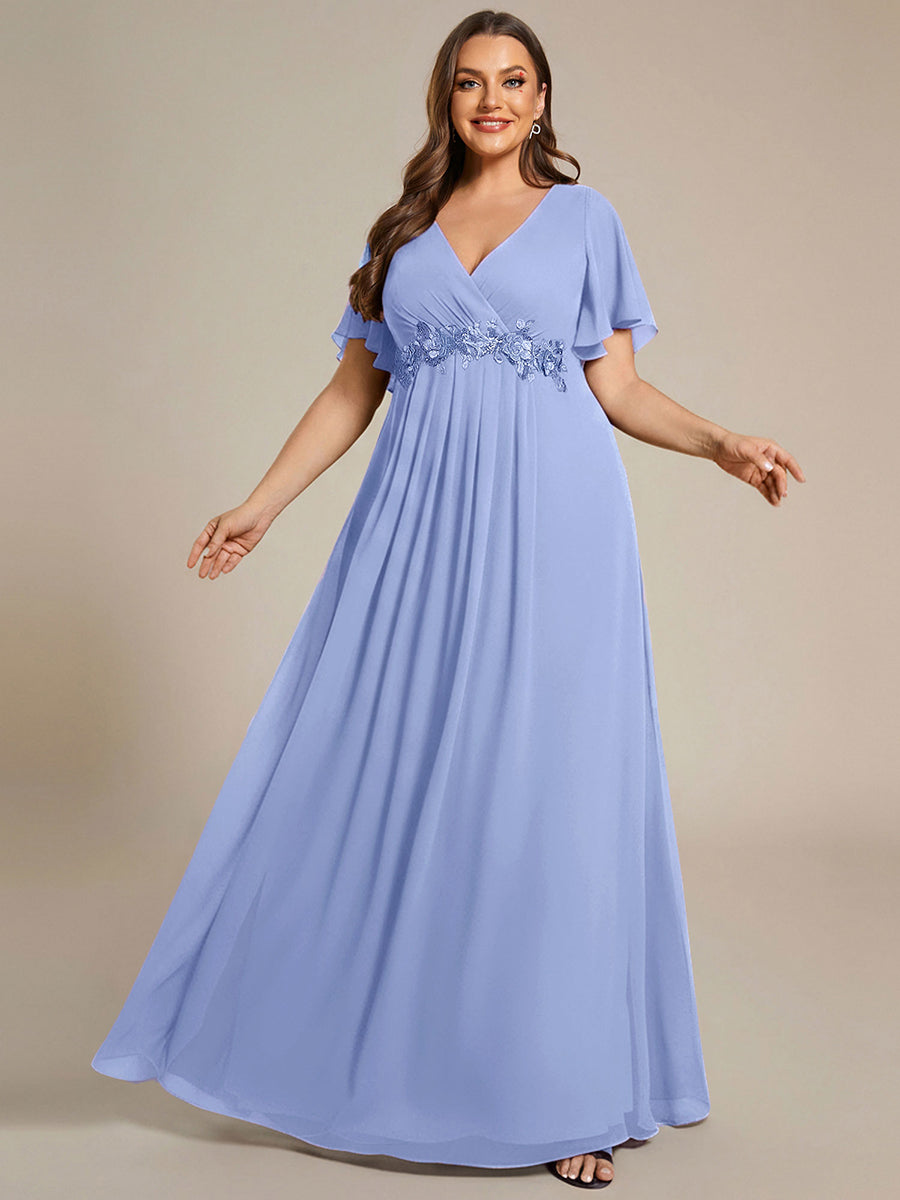 Plus Size Floral Applique Short Sleeve A-Line Chiffon Evening Dress #color_CornflowerBlue