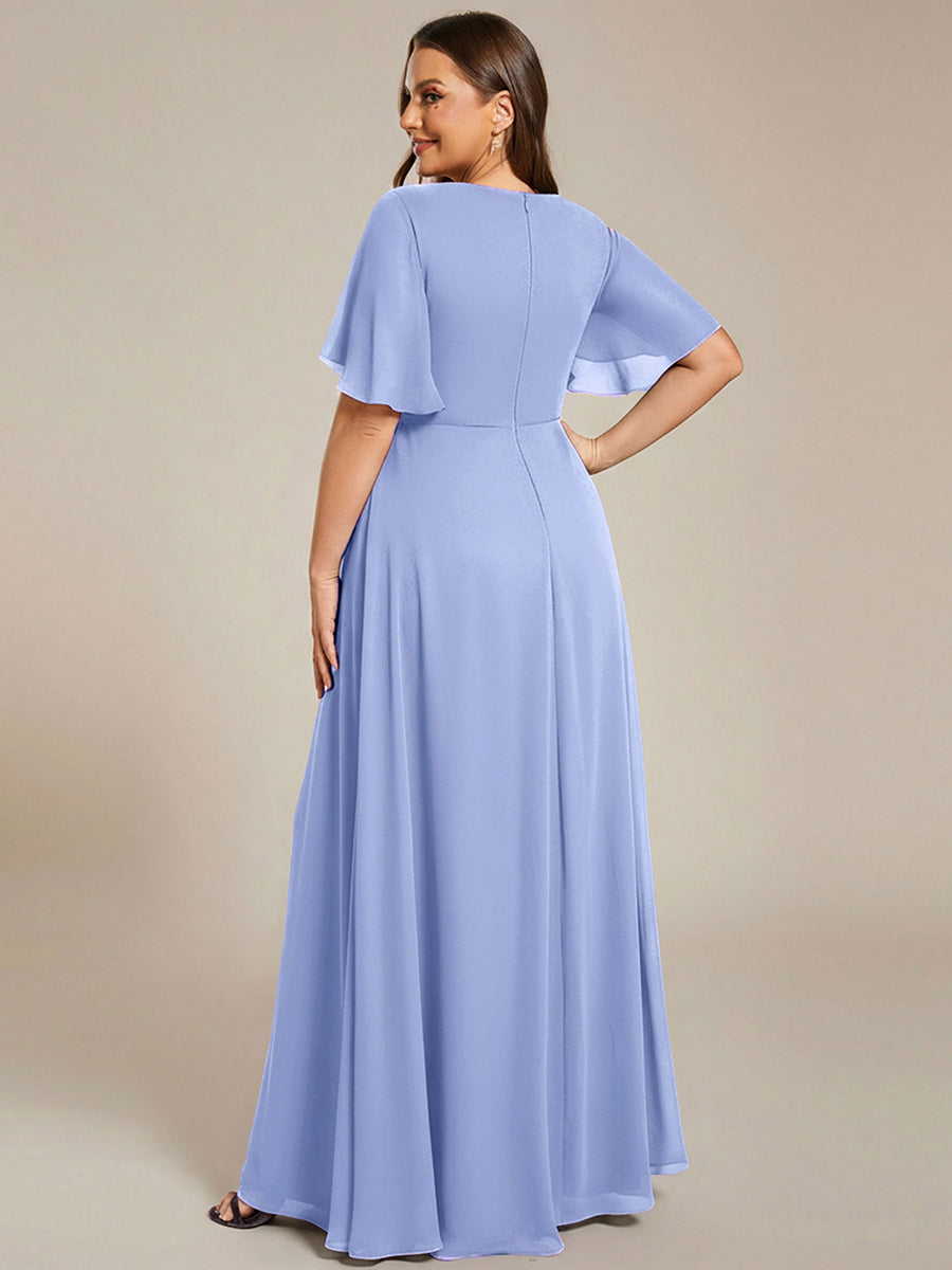 Plus Size Floral Applique Short Sleeve A-Line Chiffon Evening Dress #color_CornflowerBlue