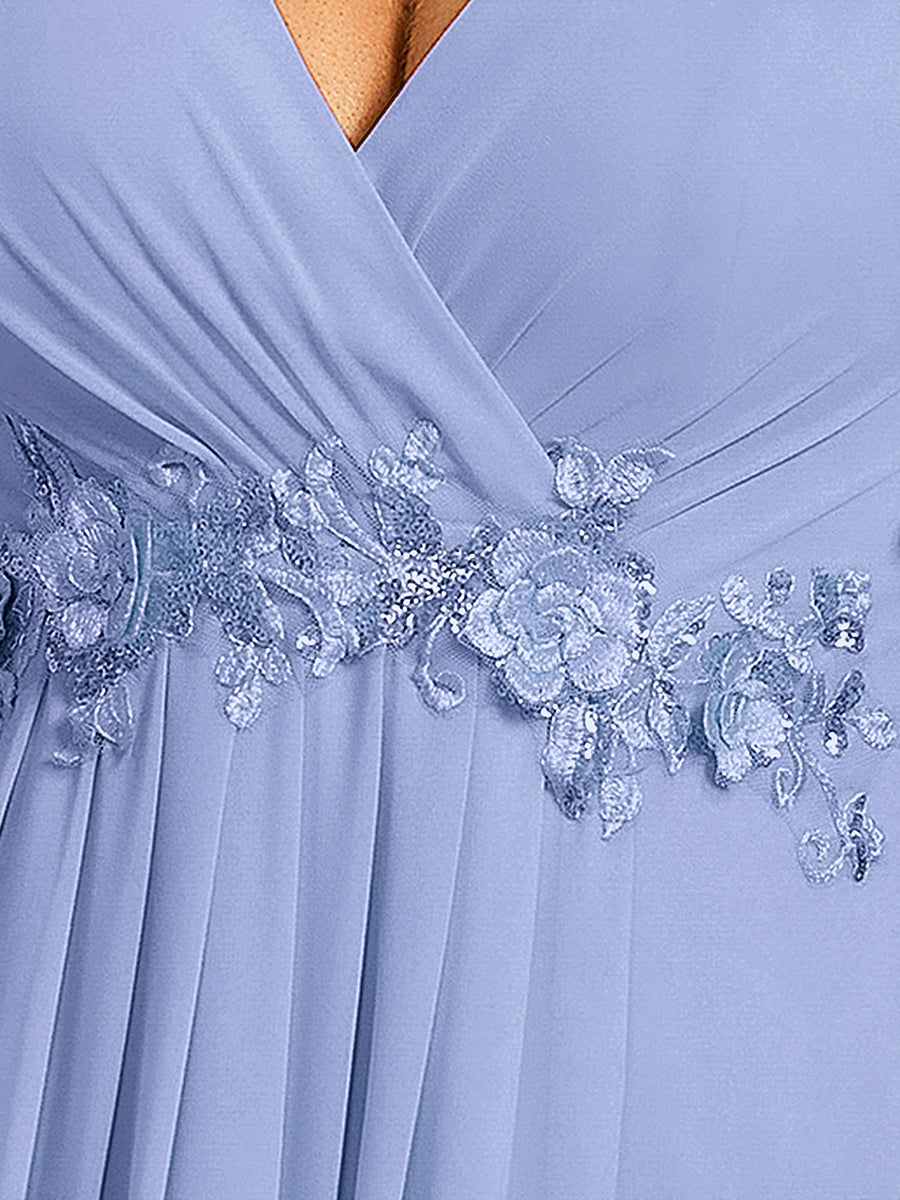 Plus Size Floral Applique Short Sleeve A-Line Chiffon Evening Dress #color_CornflowerBlue