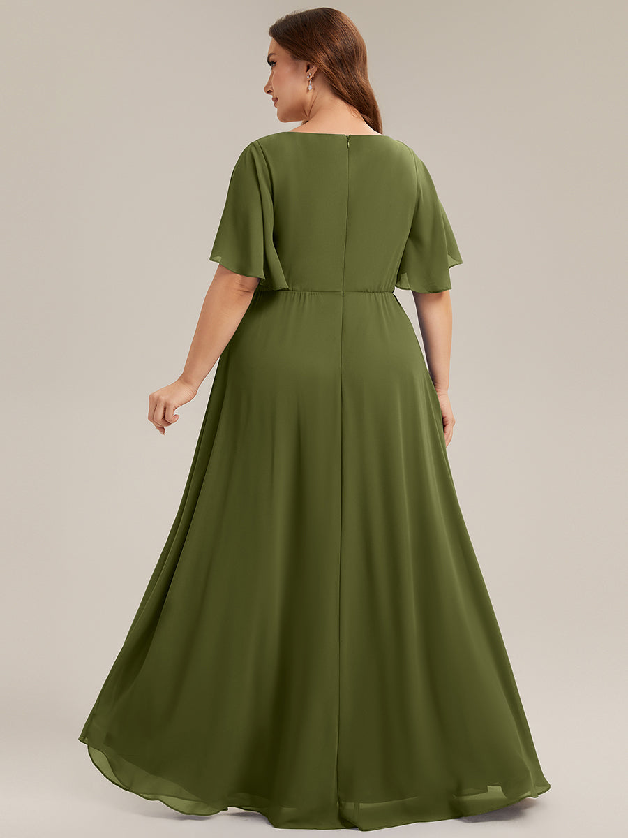 Applique Chiffon Ruffle Sleeve Evening Dress #color_Olive Green