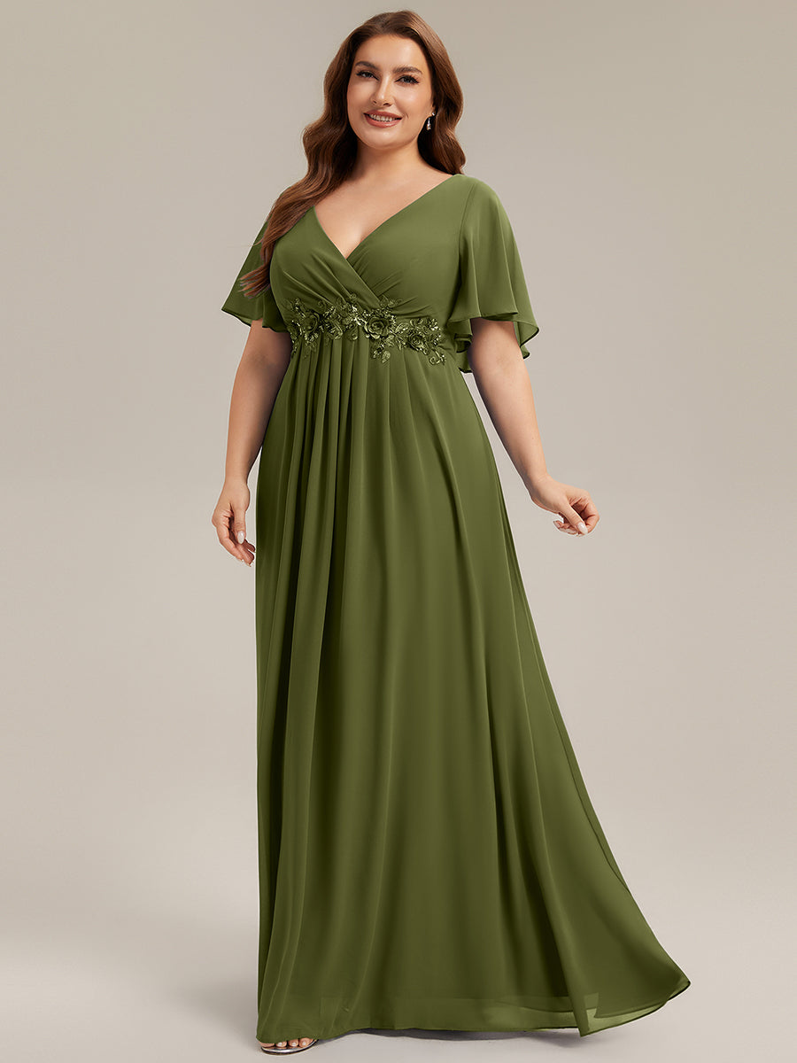 Applique Chiffon Ruffle Sleeve Evening Dress #color_Olive Green