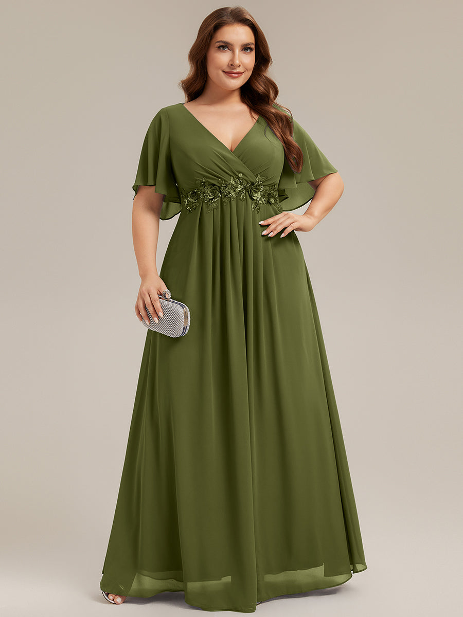 Applique Chiffon Ruffle Sleeve Evening Dress #color_Olive Green