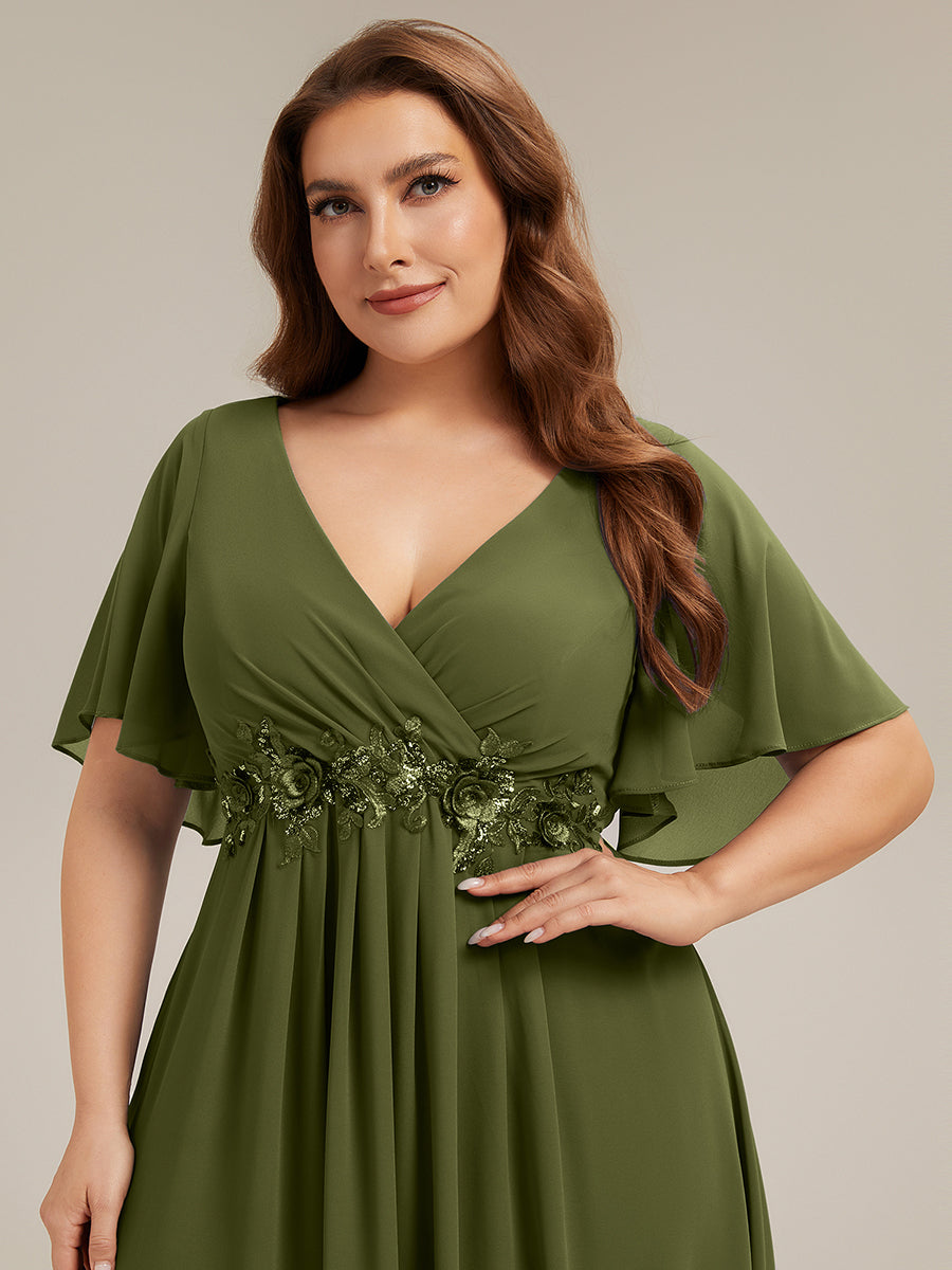 Plus Size Floral Applique Short Sleeve A-Line Chiffon Evening Dress #color_Olive Green