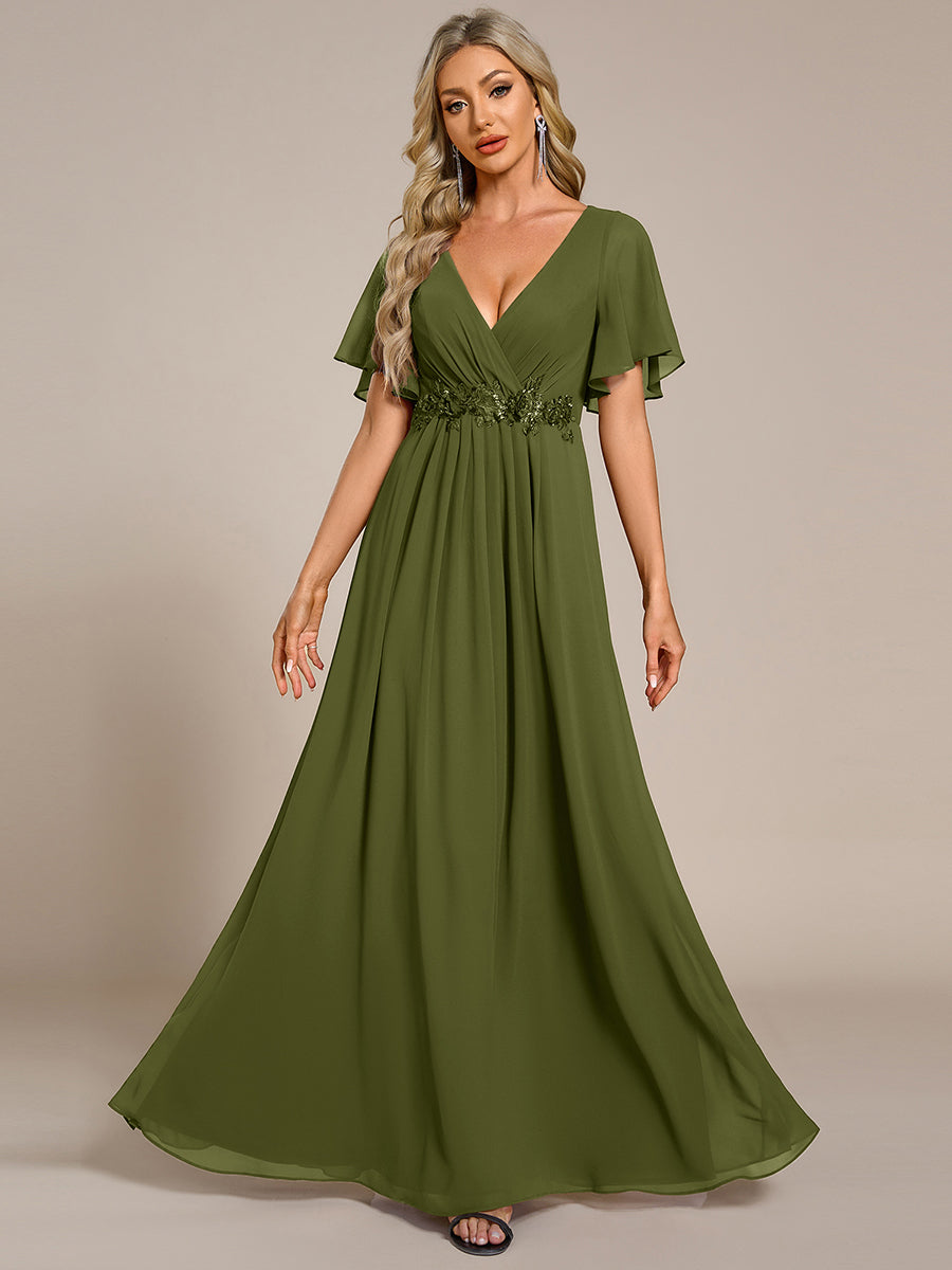 Applique Chiffon Ruffle Sleeve Evening Dress #color_Olive Green