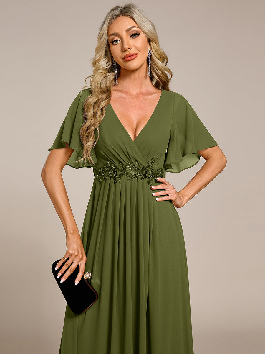Applique Chiffon Ruffle Sleeve Evening Dress #color_Olive Green