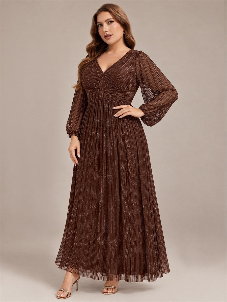 Sequin Long Lantern Sleeves Maxi Wedding Guest Dress #color_Chocolate Brown