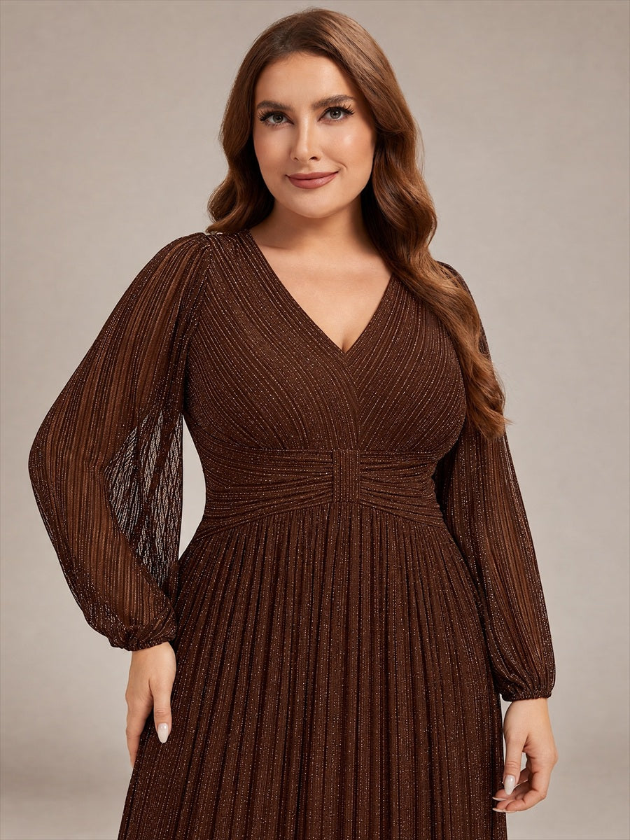 Glittery Empire Waist Long Lantern Sleeves A-Line Evening Dress #color_Chocolate Brown