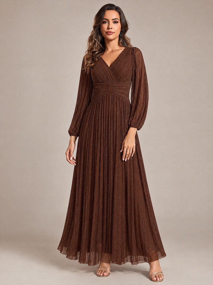 Sequin Long Lantern Sleeves Maxi Wedding Guest Dress #color_Chocolate Brown