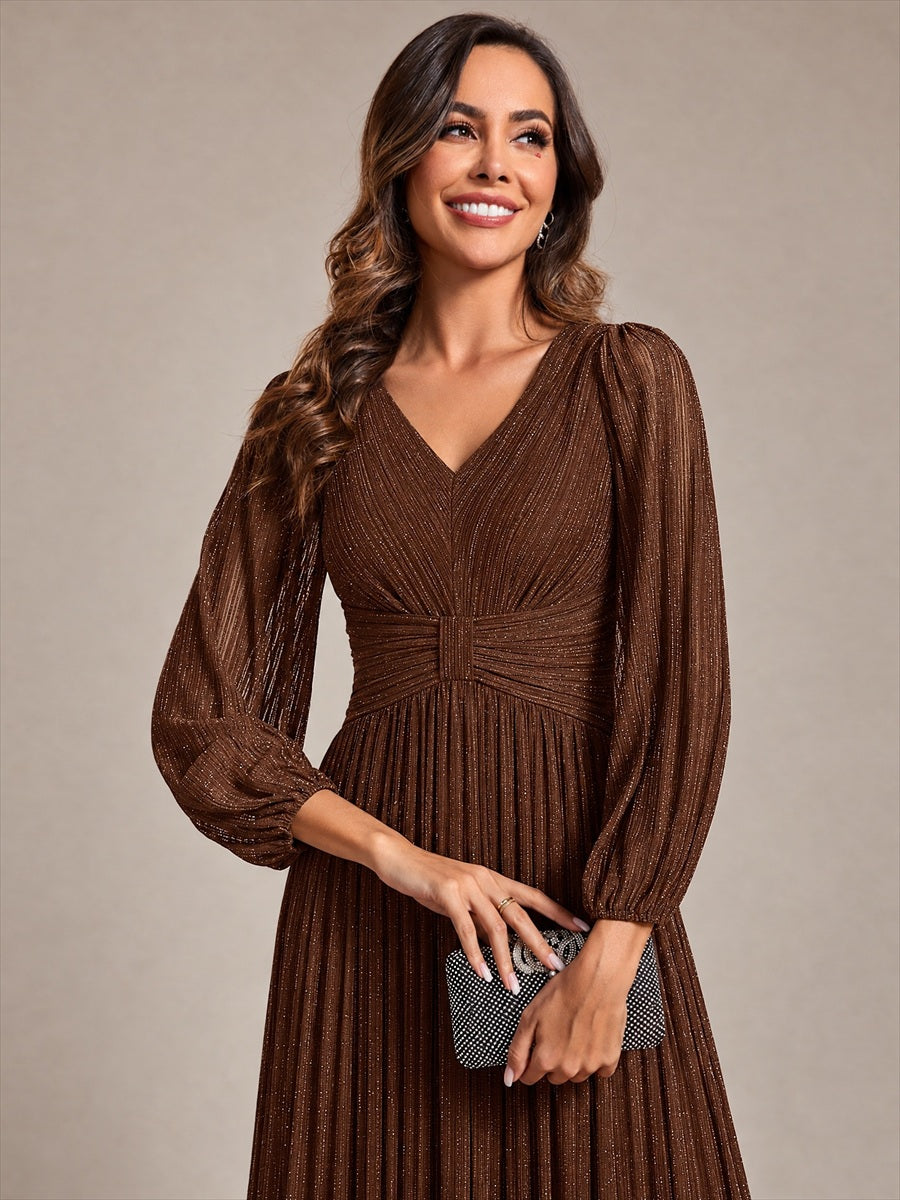 Sequin Long Lantern Sleeves Maxi Wedding Guest Dress #color_Chocolate Brown