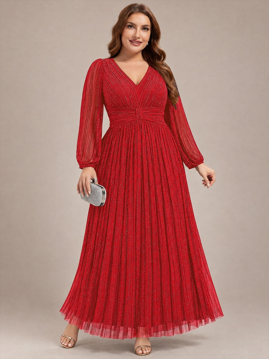 Glittery Empire Waist Long Lantern Sleeves A-Line Evening Dress #color_Red