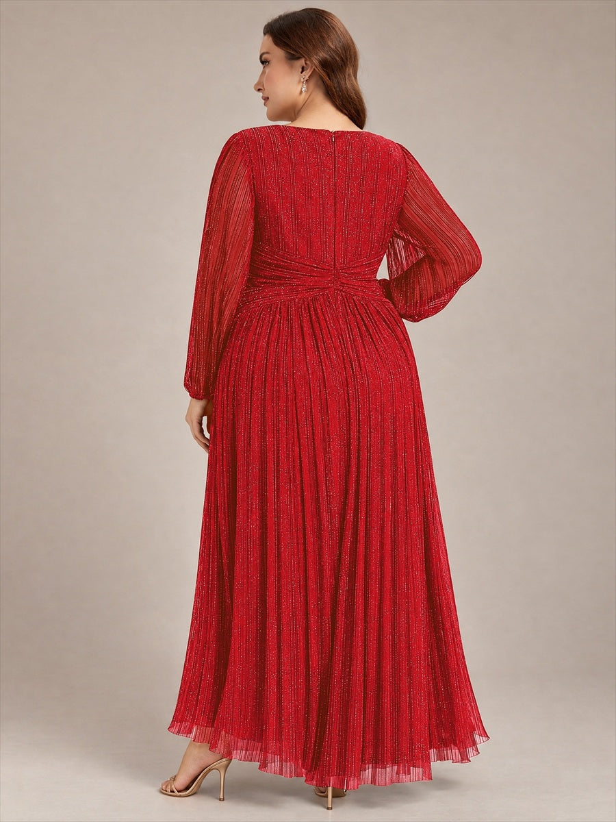 Sequin Long Lantern Sleeves Maxi Wedding Guest Dress #color_Red