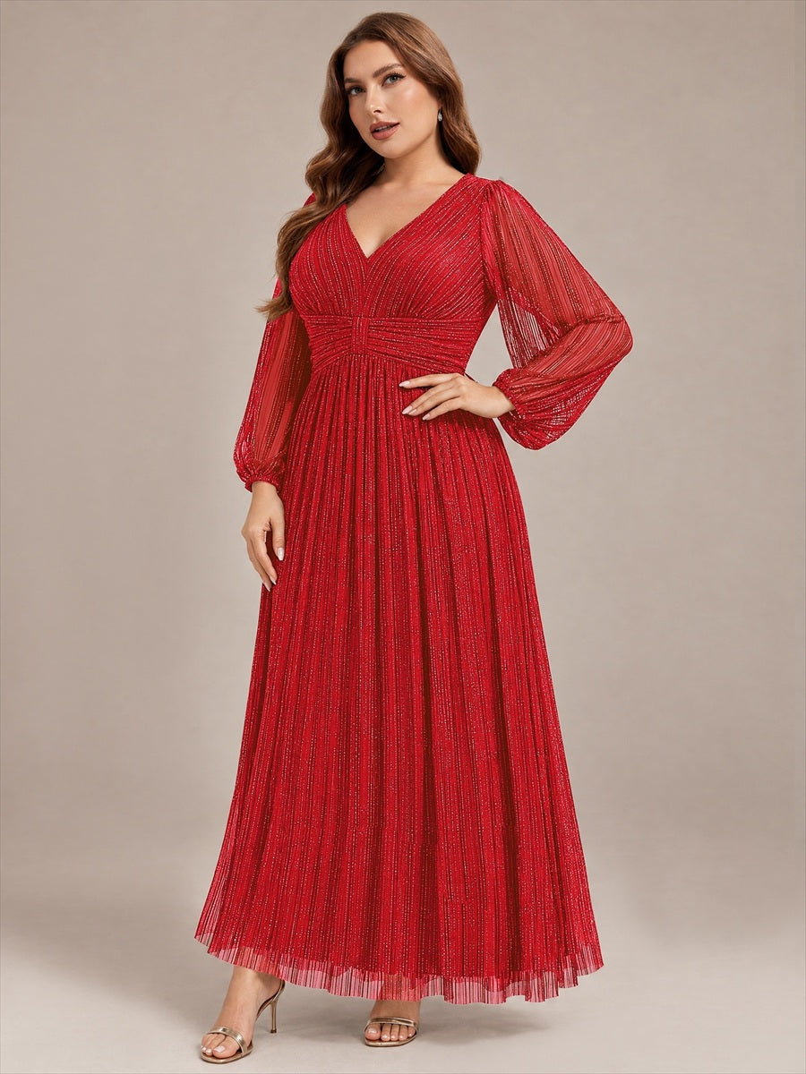 Plus Size Dazzling Empire Waist See-Through Long Sleeves A-Line Evening Dress #color_Red