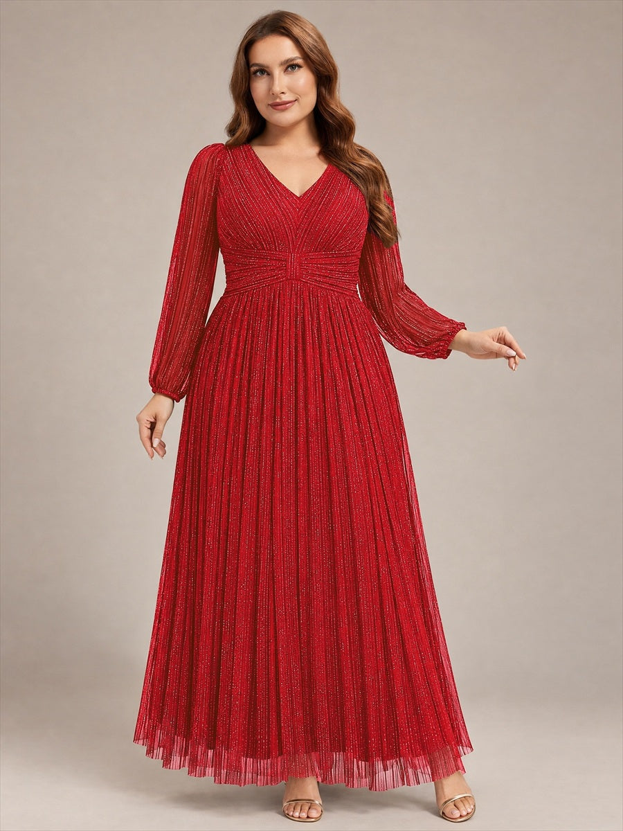 Plus Size Dazzling Empire Waist See-Through Long Sleeves A-Line Evening Dress #color_Red