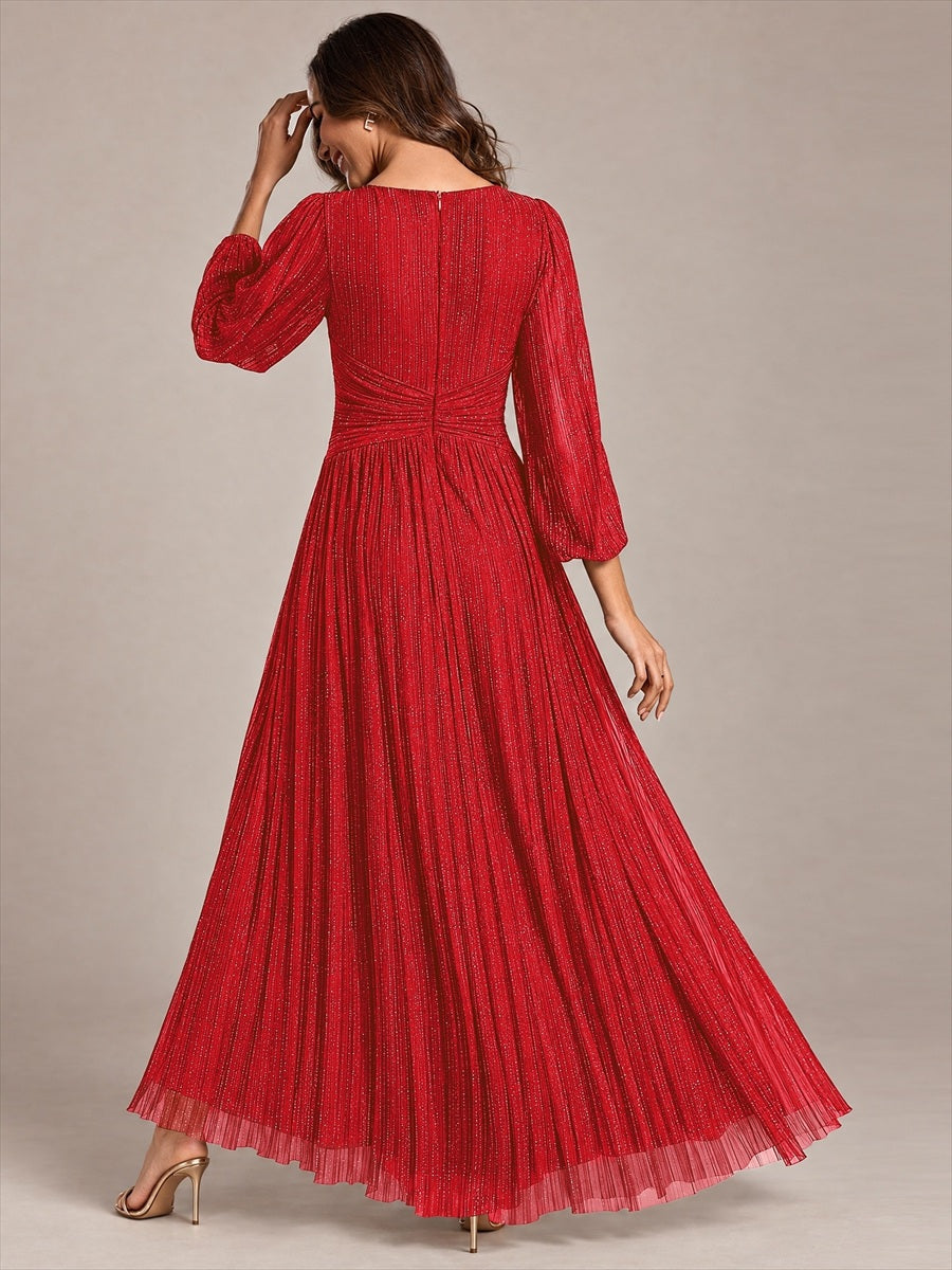 Glittery Empire Waist Long Lantern Sleeves A-Line Evening Dress #color_Red