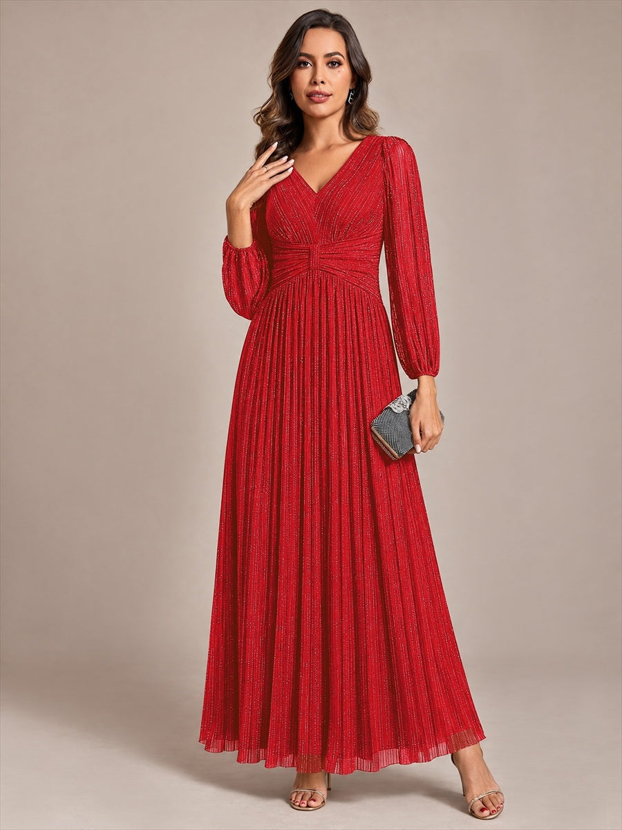 Glittery Empire Waist Long Lantern Sleeves A-Line Evening Dress #color_Red