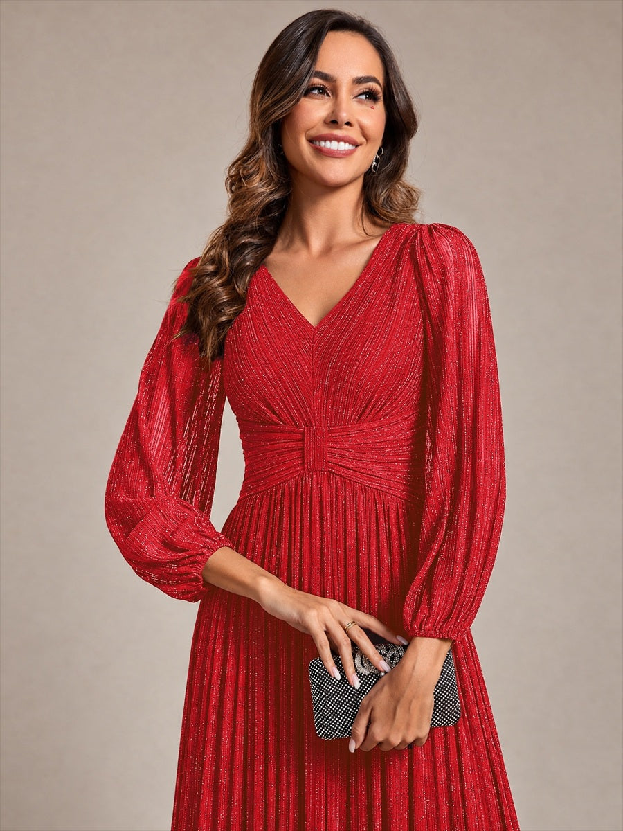 Glittery Empire Waist Long Lantern Sleeves A-Line Evening Dress #color_Red