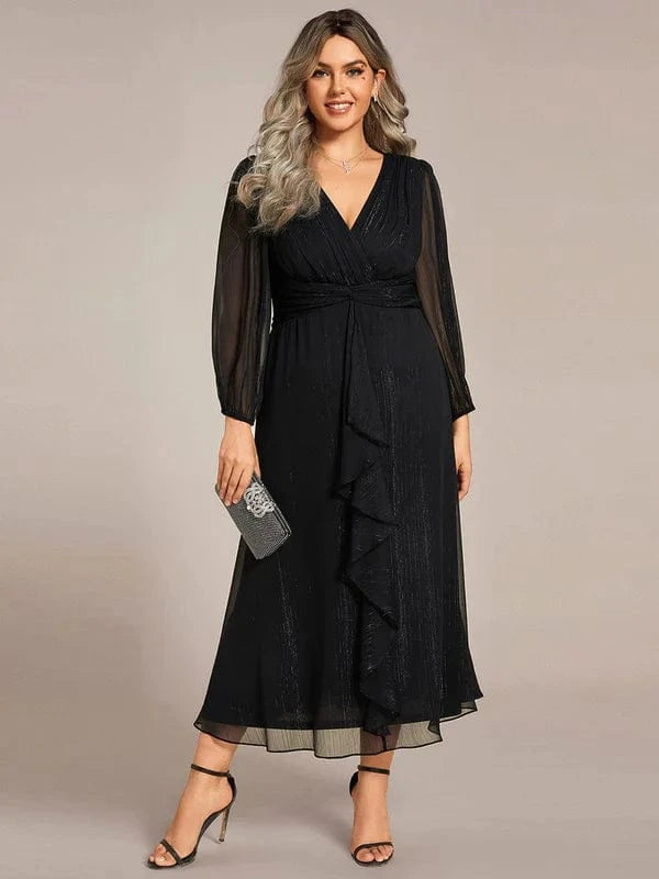 pretty EMBER|Plus Size Twist Knot Louts Leaf Long Sleeve A-Line Evening Dress