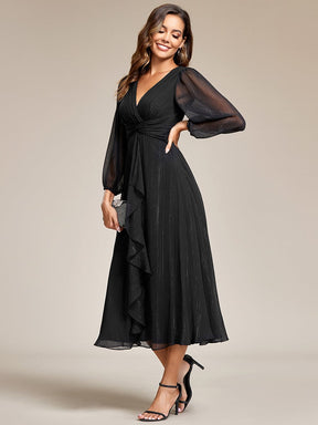 See-Through Long Sleeve Twist Knot A-Line Lotus Leaf Shimmering Evening Dress