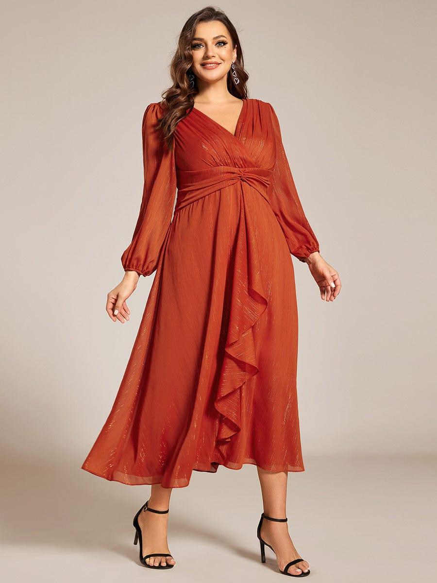 Long Sleeve A-Line Shimmering Evening Dress #color_Burnt Orange