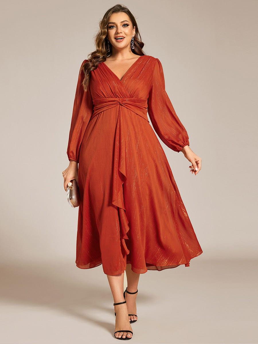 Long Sleeve A-Line Shimmering Evening Dress #color_Burnt Orange