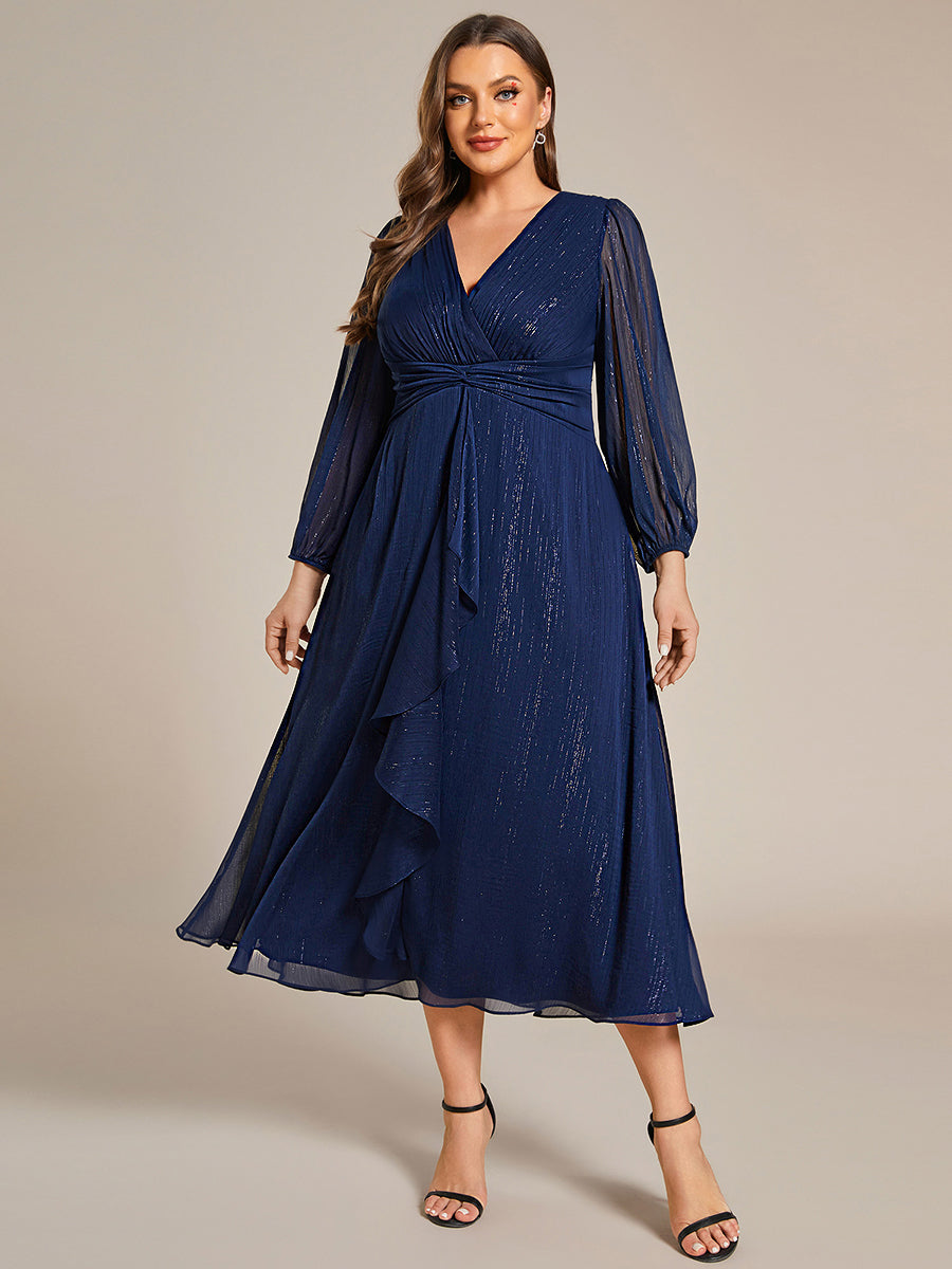 See-Through Long Sleeve Twist Knot A-Line Lotus Leaf Shimmering Evening Dress #color_Navy Blue