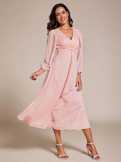 Glitter Twist Knot See-Through Long Sleeve Wedding Guest Dress #color_Pink