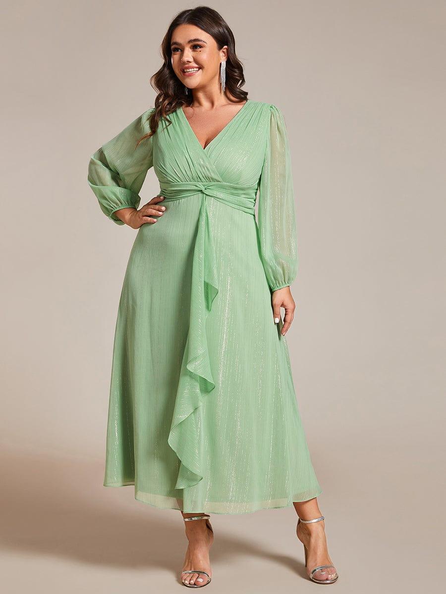 Long Sleeve A-Line Shimmering Evening Dress #color_Summer Green