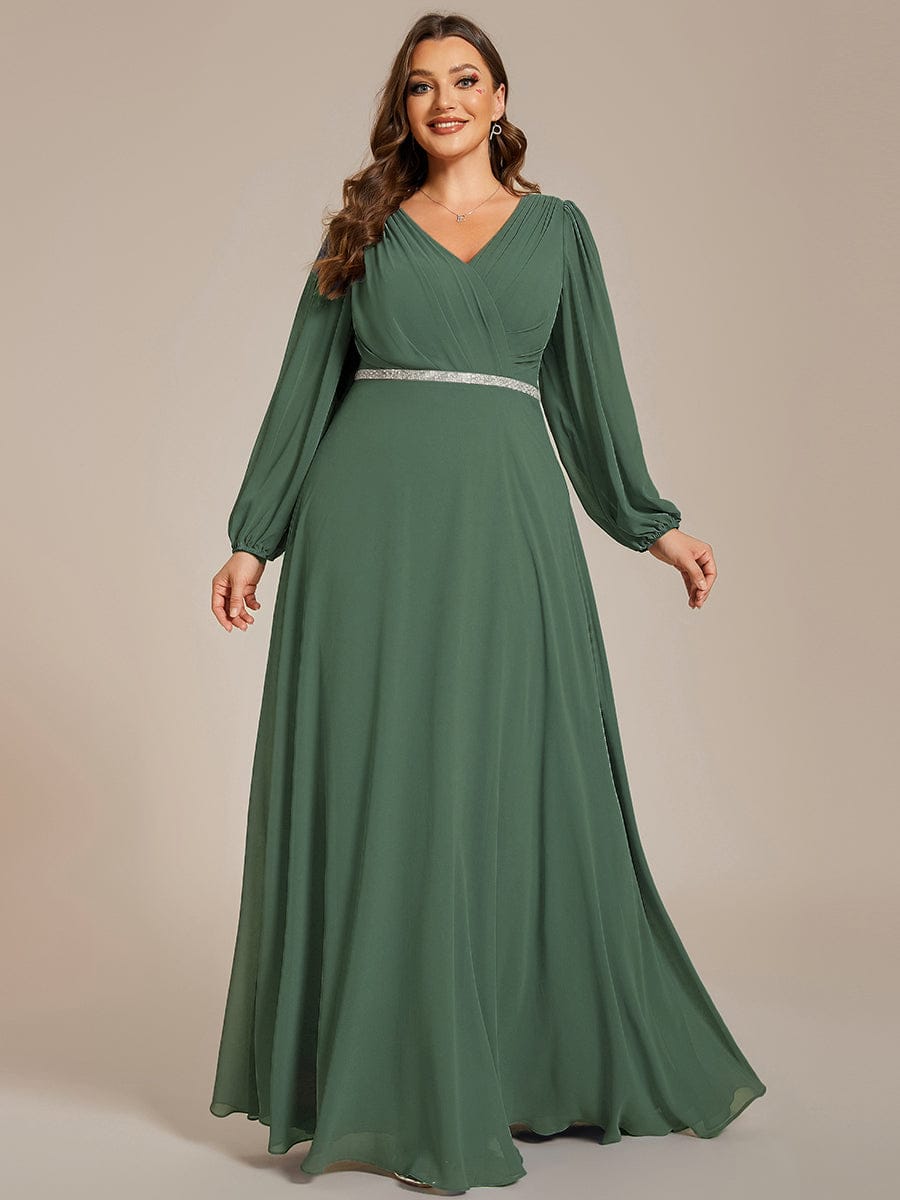 Plus Size A-Line V-Neck See-Through Long Sleeves Shiny Belt Chiffon Evening Dress #color_EUcalyptus