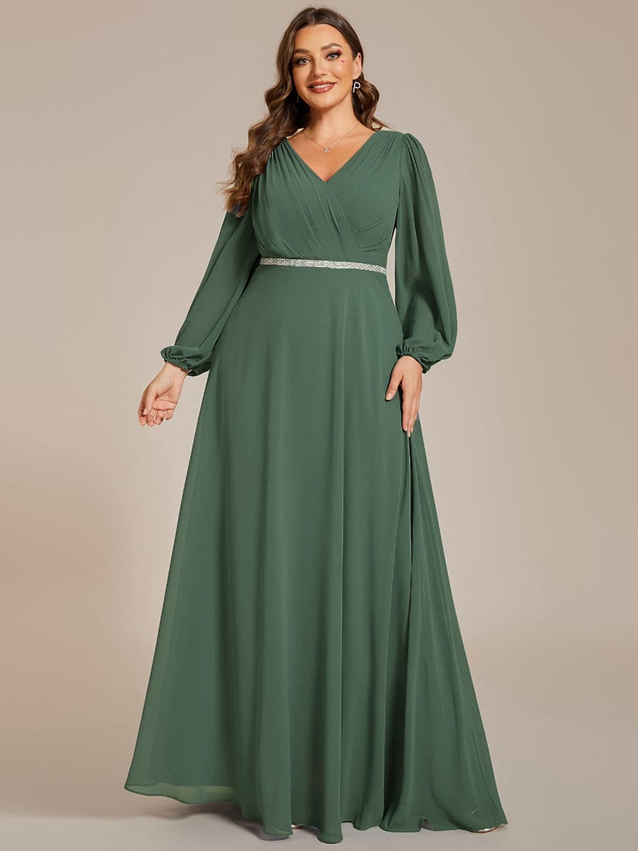 Plus Size A-Line V-Neck See-Through Long Sleeves Shiny Belt Chiffon Evening Dress #color_EUcalyptus