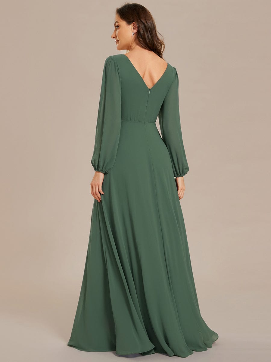 Pleated Double V-Neck Long Sleeves Shiny Belt Chiffon Evening Dress #color_EUcalyptus