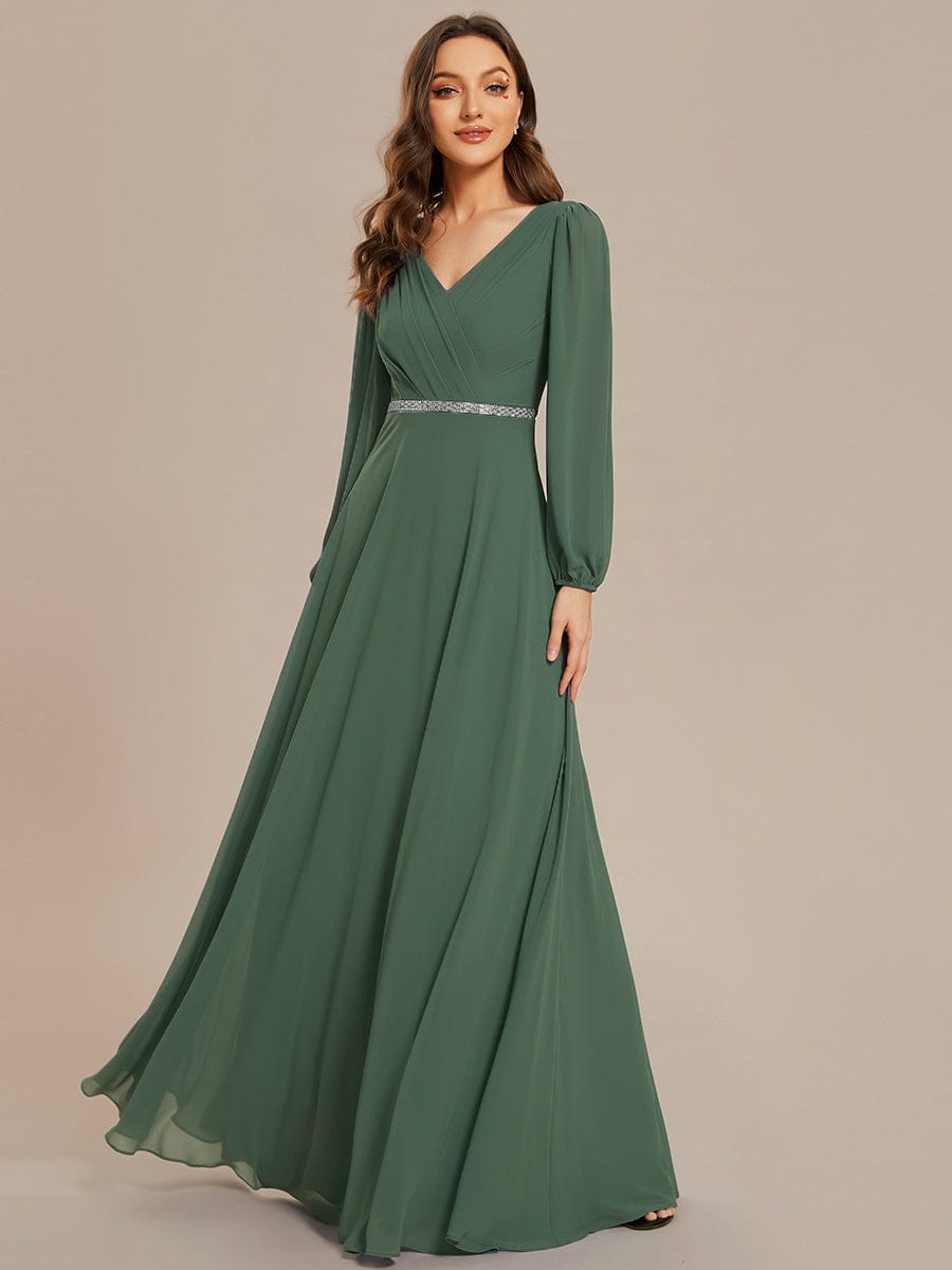 Pleated Double V-Neck Long Sleeves Shiny Belt Chiffon Evening Dress #color_EUcalyptus